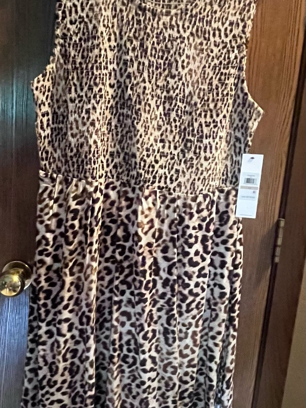 Calvin Klein Smocked Leopard Print Midi Dress - Tan and Black size 12 New